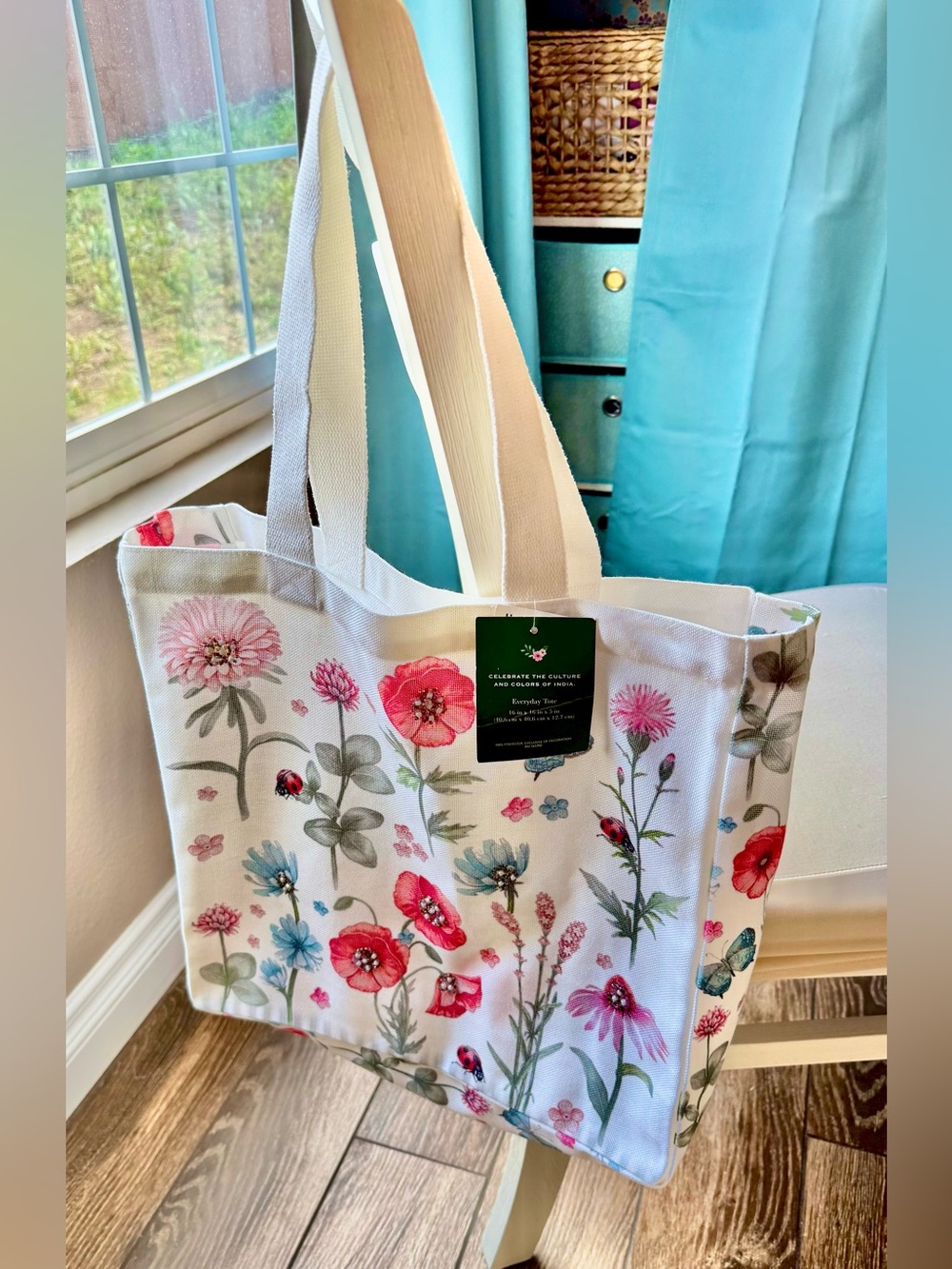 Crafted in INDIA 🌺Tote Bead Embellished Canvas Shoulder Bag Floral Lady Bug NWT